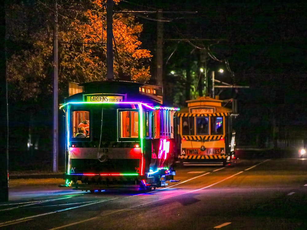 Two trams in Wendouree Parade at night