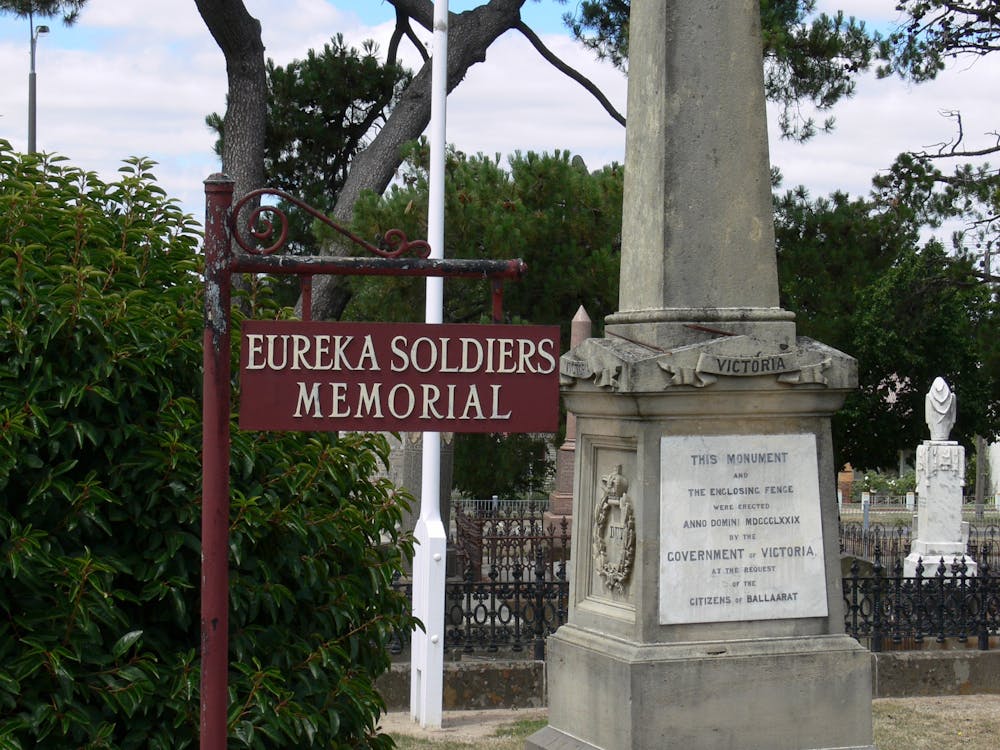 The opening procession of the Eureka Ceremony starting at the front gates of Ballarat Old Cemetery.