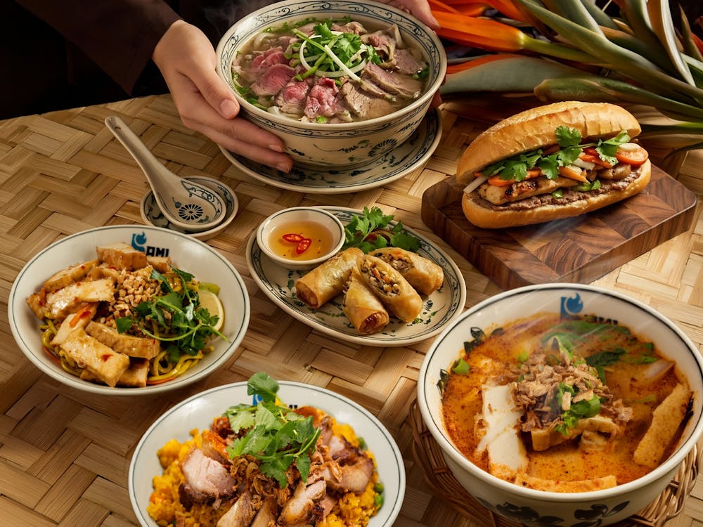 Bami Vietnamese signature dishes arranged on a bamboo mat  with lovely culture food