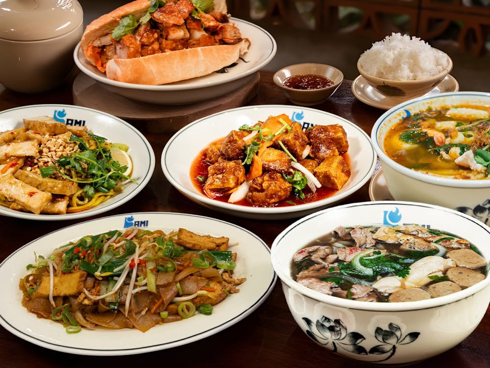 Bami Vietnamese Ballarat menu spread showing a fresh banh mi roll, pho broth bowl, and more
