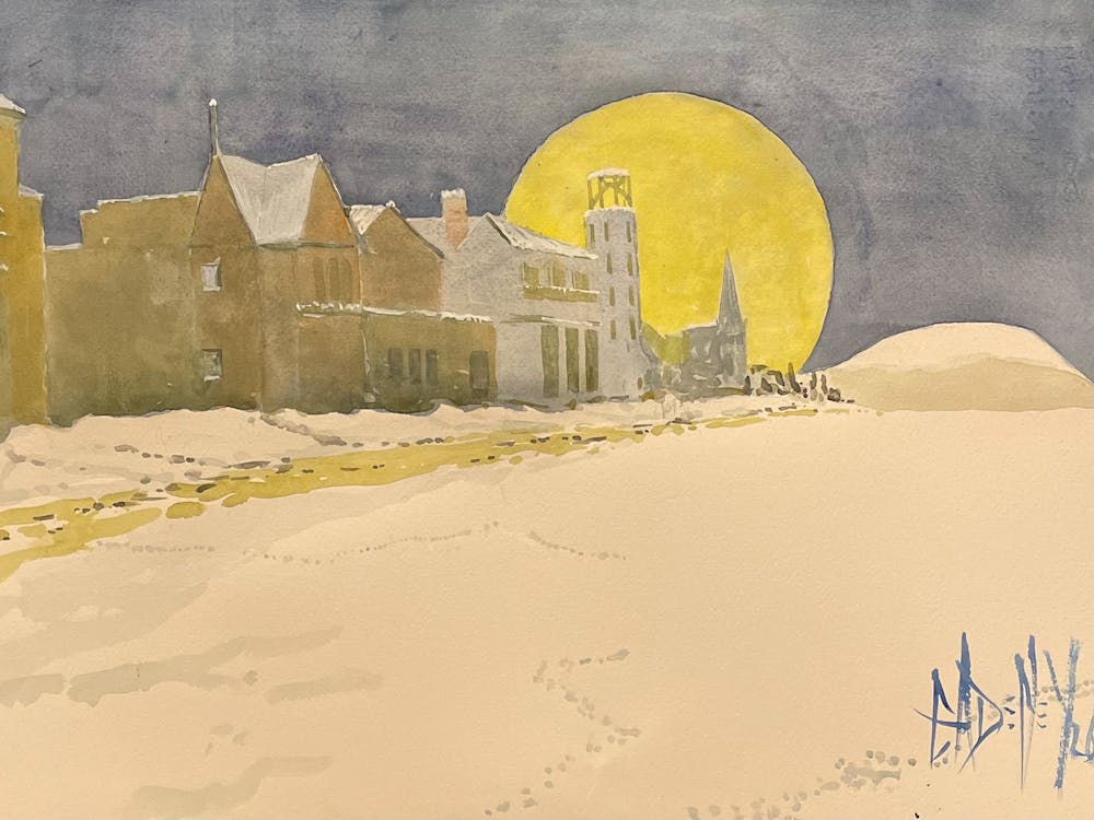 row of houses with golden moonlight sandy path