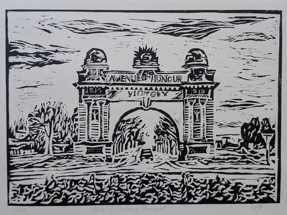 black and white linoprint of Remembrance Drive, Ballarat with trees, cars and cloudy sky