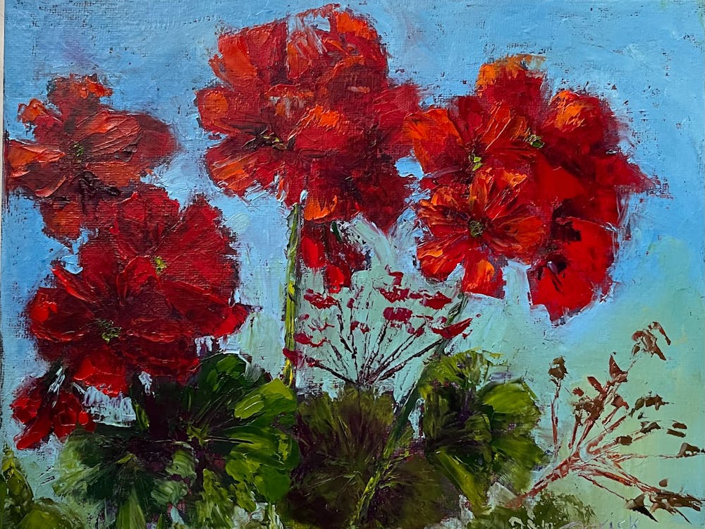 Crimson Geraniums with green leaves and a blue background