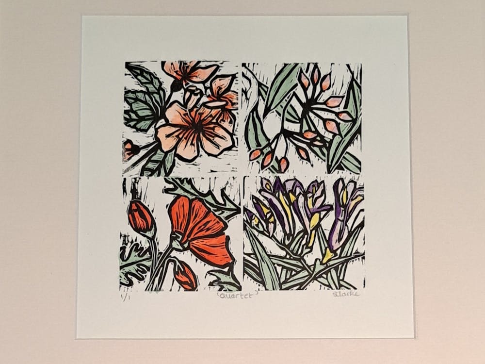 blossom, gum, poppy and freesias watercoloured in some pastel shades and red with black block ink
