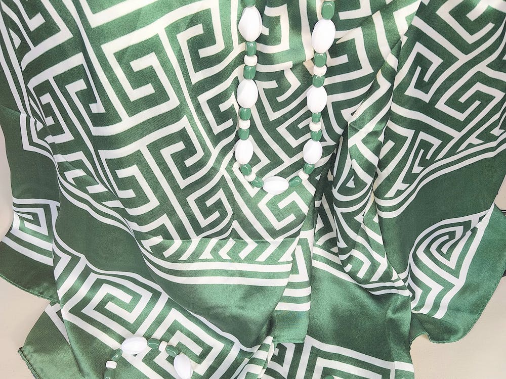 Green and white scarf with matching jewellery