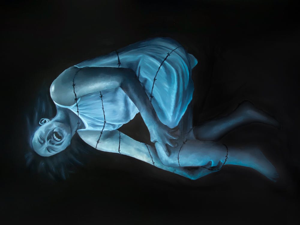 A painting of a young woman, illuminated in a blow glow, on a black background.