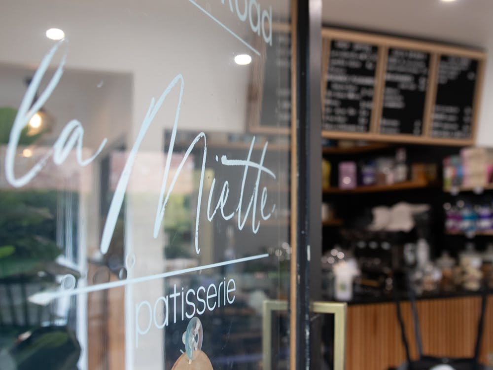 Front door of patisserie, welcoming customers. La Miette Patisserie, Ballarat cafes, coffee and cake