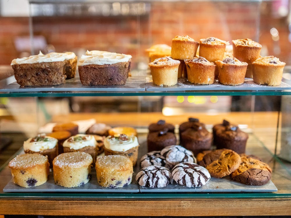 CAke display featuring house-made cakes and sweet treats at Webster's Market and Cafe.