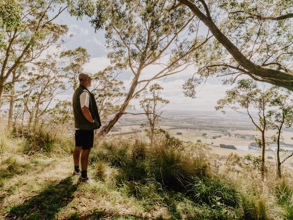 Person in bushland look out over Mt Buninyong
