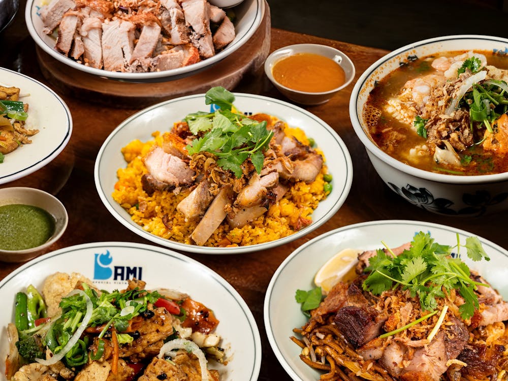 Bami Vietnamese Ballarat menu spread showing a fresh banh mi roll, pho broth bowl, and more