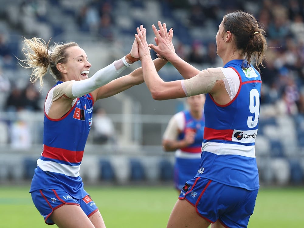 Western Bulldogs teammates celebrating.