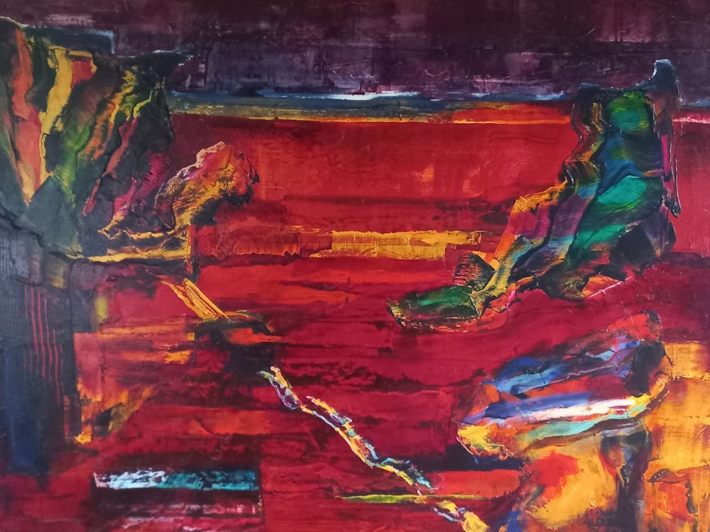 Vibrant colors are used in the abstract painting