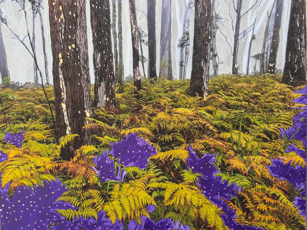 Ferns and purple plants in a forest