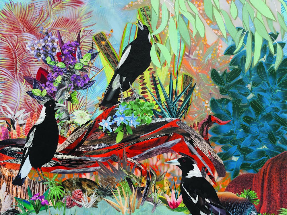 An artwork featuring 3 magpies perched in the lakes edge