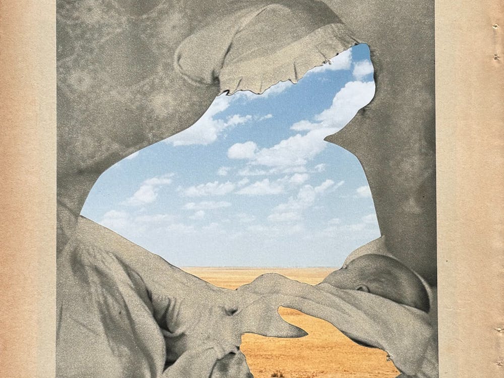 Collage of a person cradling a baby with the human form cut from an images of sky and desert.