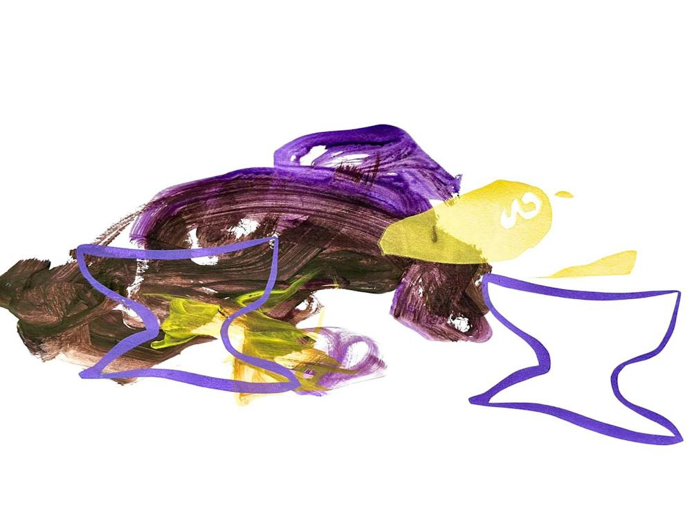 Abstract painting of brush strokes in shades of brown, purple and yellow on a white background.