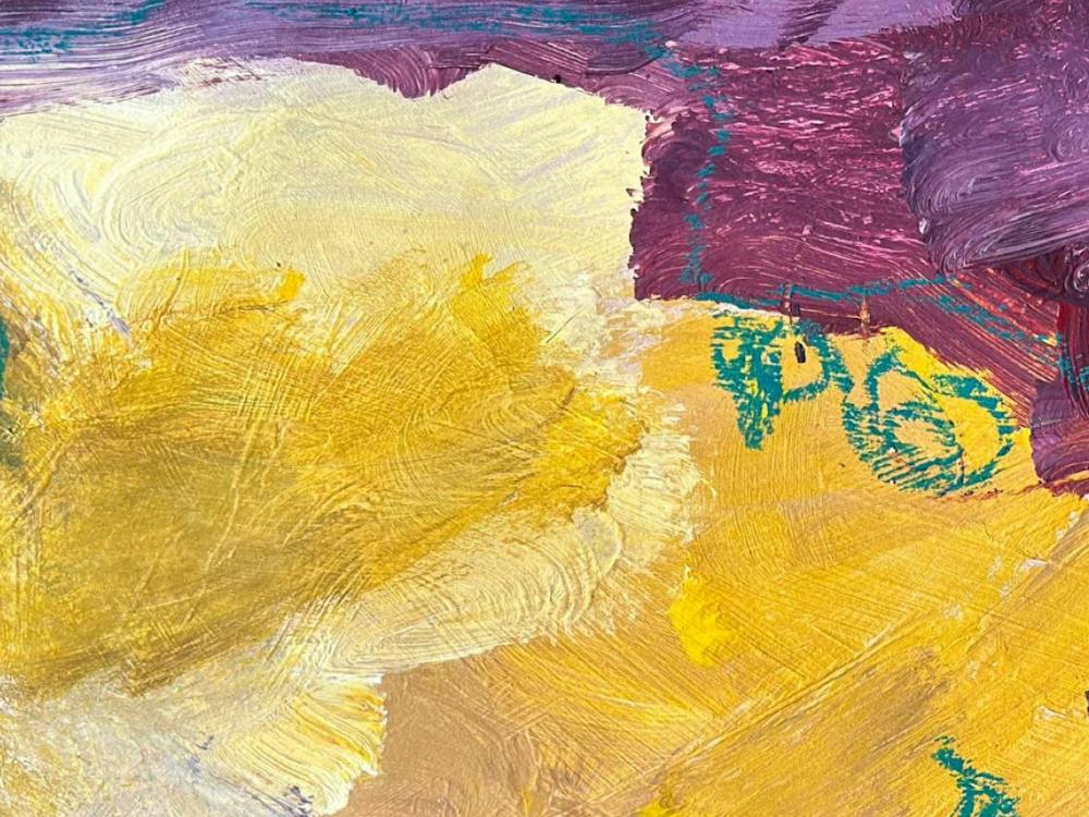 Abstract painting with a central form of shades of yellow surrounded by purple and blue  strokes