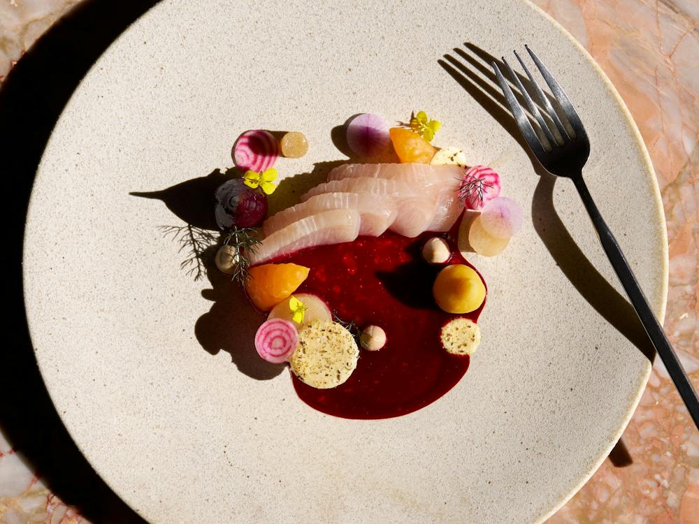 Lemon Cured SA Kingfish, Salt Baked Kohlrabi, Pickled Beetroot, Mandarin, Fennel Pollen, Hazelnut