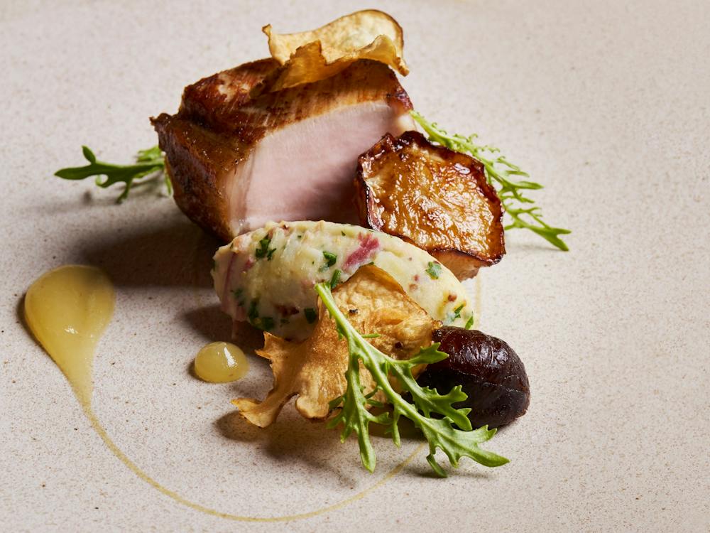 Pork Loin, Crushed Potato & Ham Hock, Jerusalem Artichoke, Honey Roasted Chestnuts, Apple Cider Gel