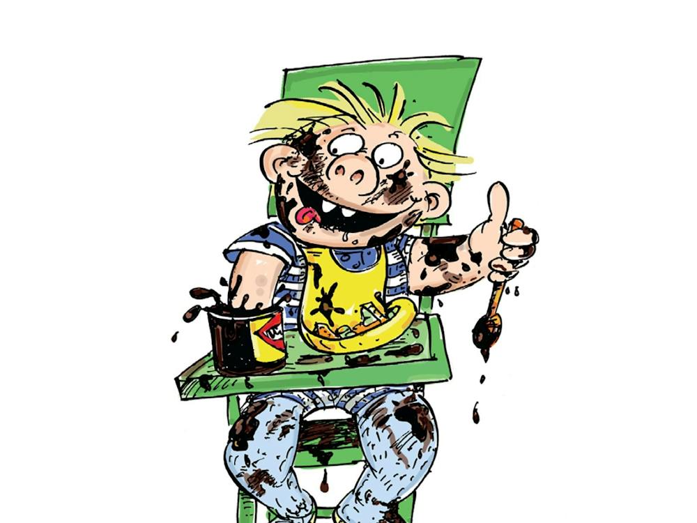 an illustration of a child in a high chair covered in vegemite