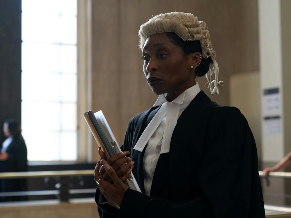 Woman in lawyer silks stands in courtroom