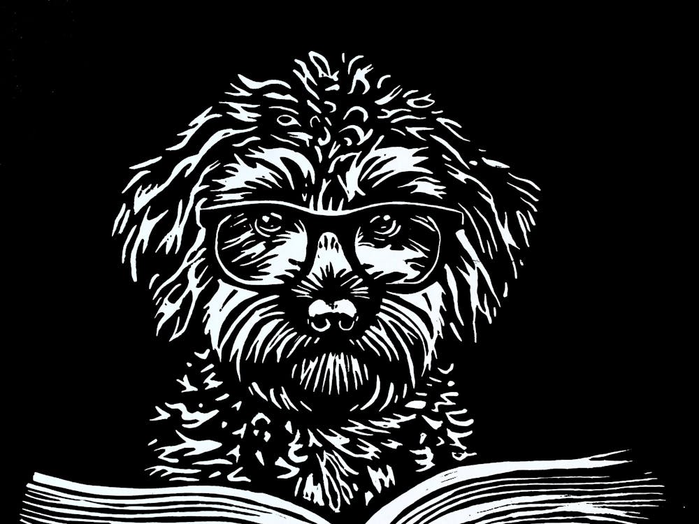 Black and White Print of dog reading