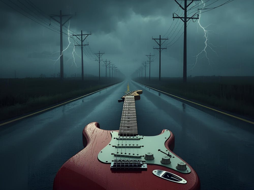 artwork for tour, guitar, travelling down a highway with telegraph poles